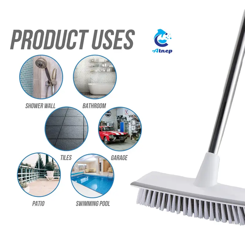 Floor Squeegee Broom Scrubbing Brush with Stiff Brush Bristles and 3PC Broom Handle for Home and Commercial Use - Bathroom Cleaning Brush, Floor Brush Indoor for Tile or Wood Surfaces Smooth Cleaner Plastic Tool Plastic Tool Wooden 5