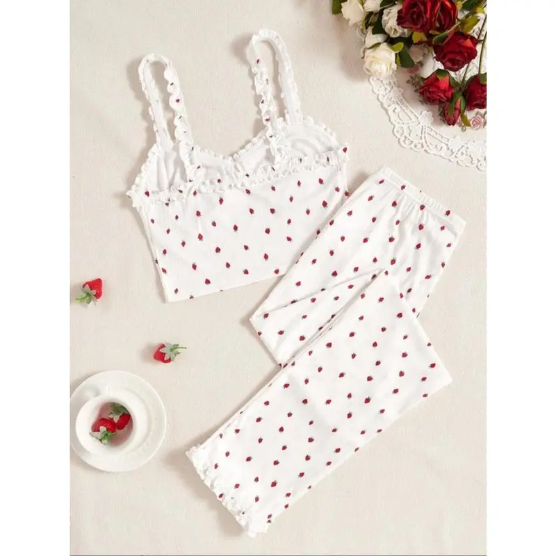Frill Trim Backless Crop Cami Top & Elastic Waist Pants Pajama Set, Y2k Wear Streetwear Lady Comfort Sleeveless Top & Flower Decor Trousers Pj Set, Summer Wear 2024, Ladies Sleepwear Homewear, Lounge Sets, Pajama Sets 2 Piece Set for Girls, Grace Pyjamas 3