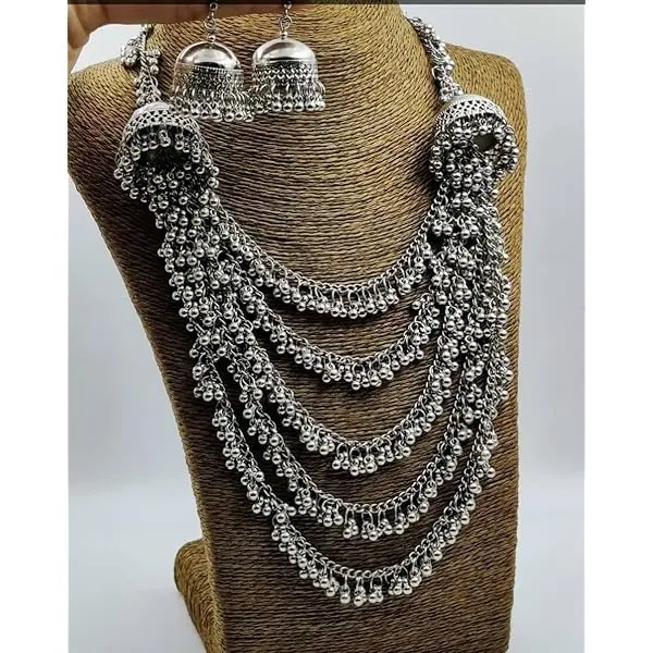 Multilayer ghungroo necklace with earrings. Indian oxidized jewellery, Kemp jewelry, boho hippie, indo-western style, gifts for her