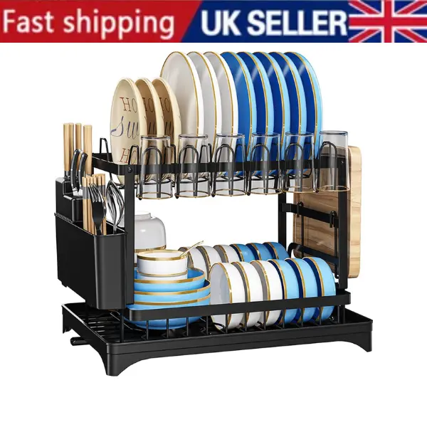 Dish Drying Rack, 2-Tier Kitchen Dish Rack Drainboard Set Metal Organiser Wood Wooden Utensils