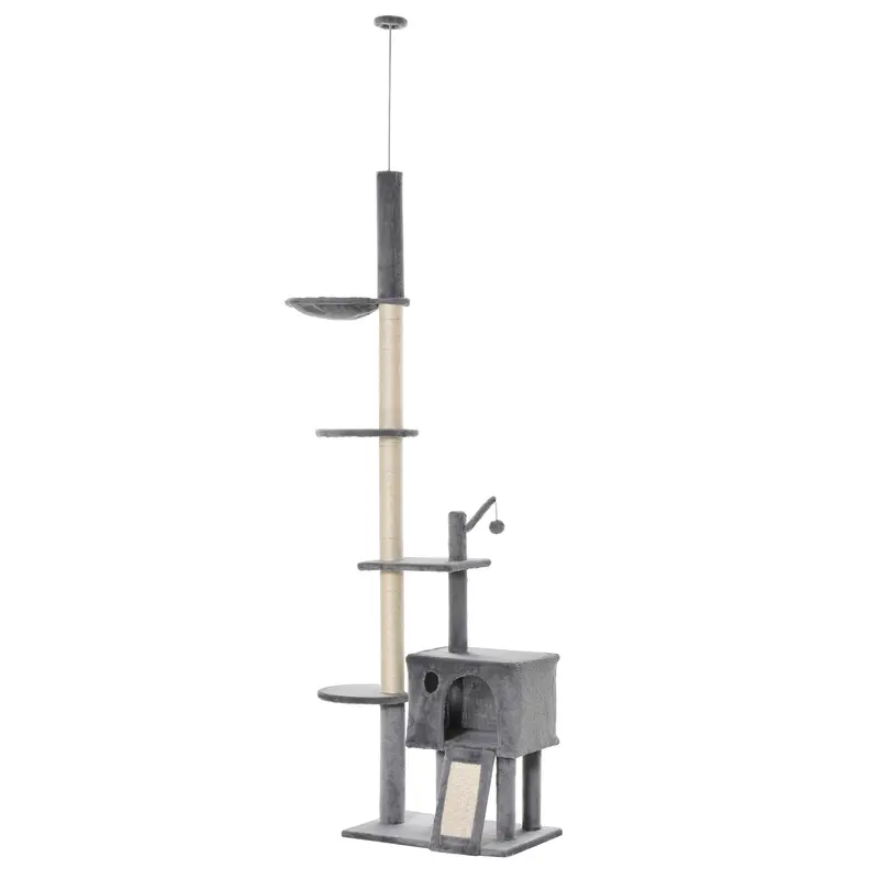 PawHut 270cm Floor To Ceiling Cat Tree Cat House Scratching Post for Indoor Cats Hammock Hanging Ball Activity Center Grey 0
