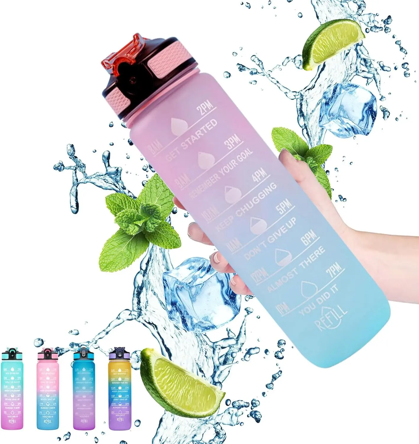 Sports Water Bottle 1 L,Motivational Water Bottle with Time Marker and Straw,30oz Leakproof Design Water Bottle Sports,Hiking,Gym,Fitness,Outdoor,Cycling,School & Office，Gradient Blue Powder Cup Drinkware Mug Tumblers Stylish Washable