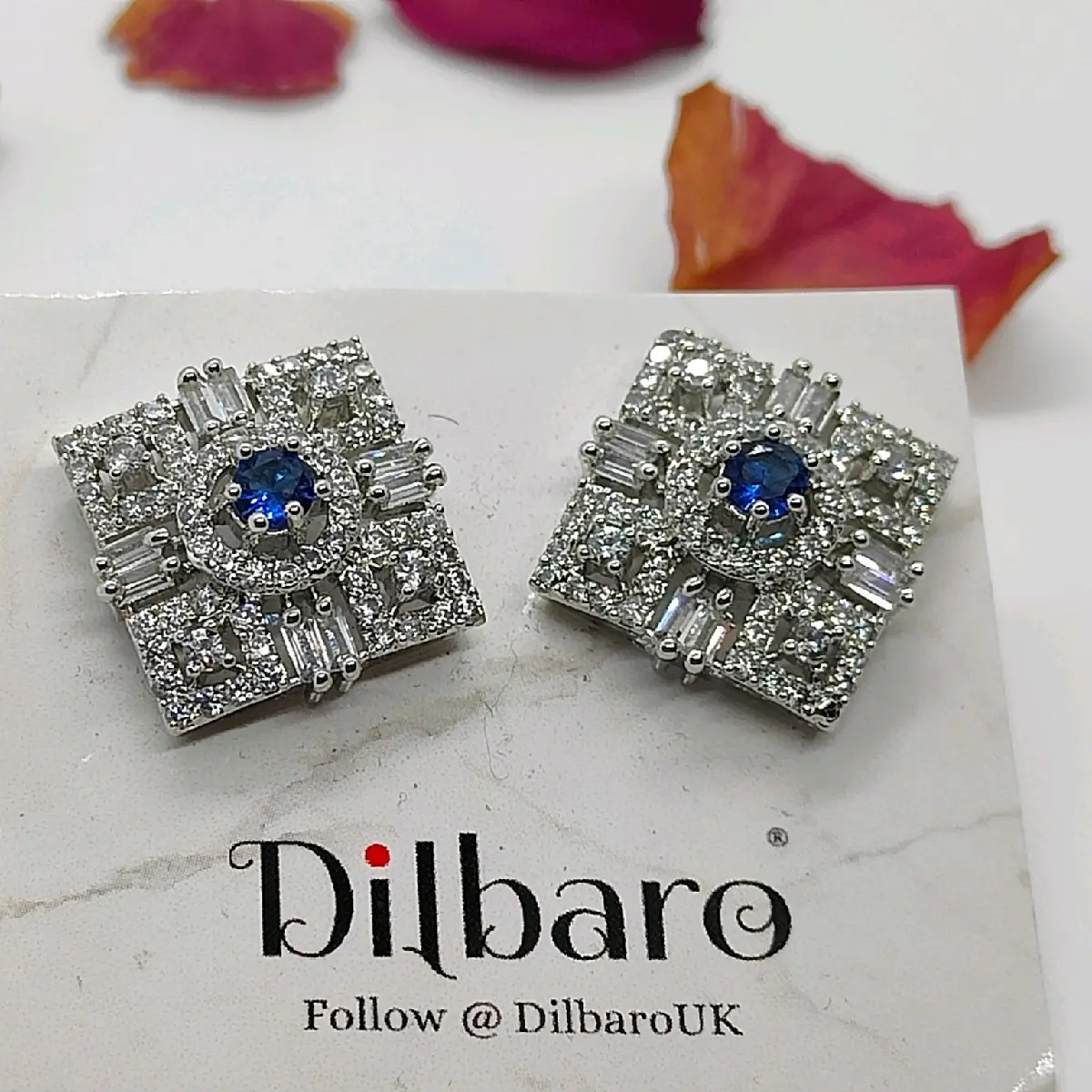 Dilbaro Silver Plated Square Stud Earrings Blue Gemstone Zircon Earrings AD Earrings