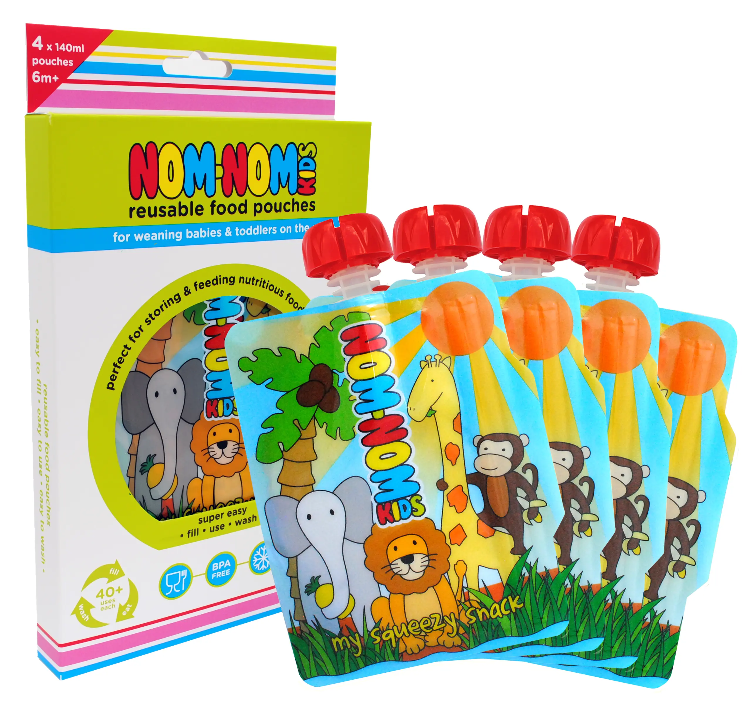 Reusable Food Pouches - 4 x 140ml Animal Pouches suitable for Baby, Toddler and kids