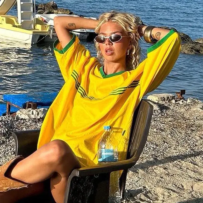 Brazil Embroidery Yellow Tshirt Casual Loose Medium And Long Sleeves Y2k Clothing Tops Oversized T-shirt Beach Summer Women Tees Womenswear Underwear Lady Streetwear 2