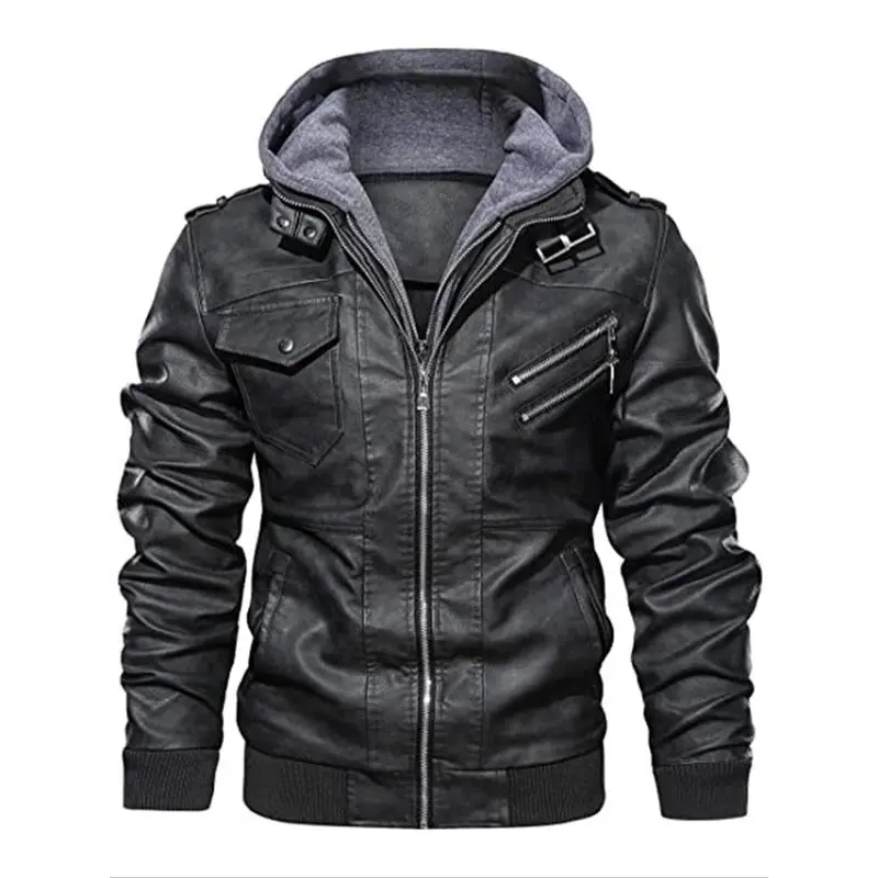Men's Plain Long Sleeve Hooded PU Leather Jacket, Casual Regular Fit Pocket Zipper Design Bomber Jacket, Men's Winter Jackets for Daily Outdoor Wear