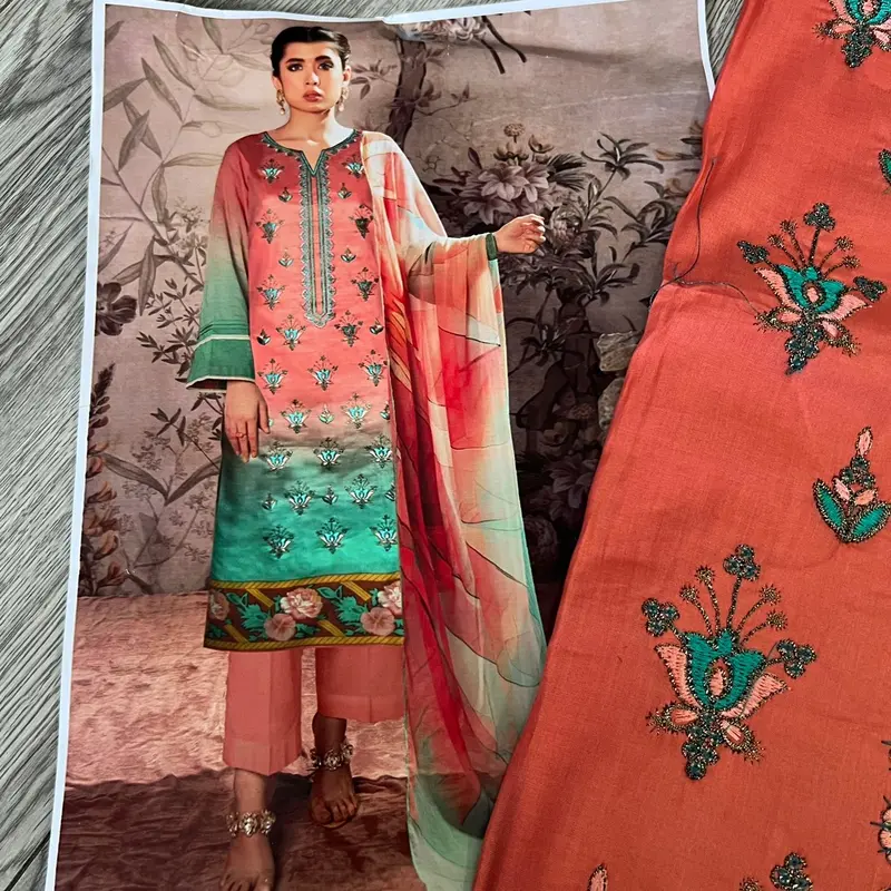 Embroidered lawn 3 piece. Lawn dupatta. Unstitched. Pakistani/Indian summer outfit. Casual. 2