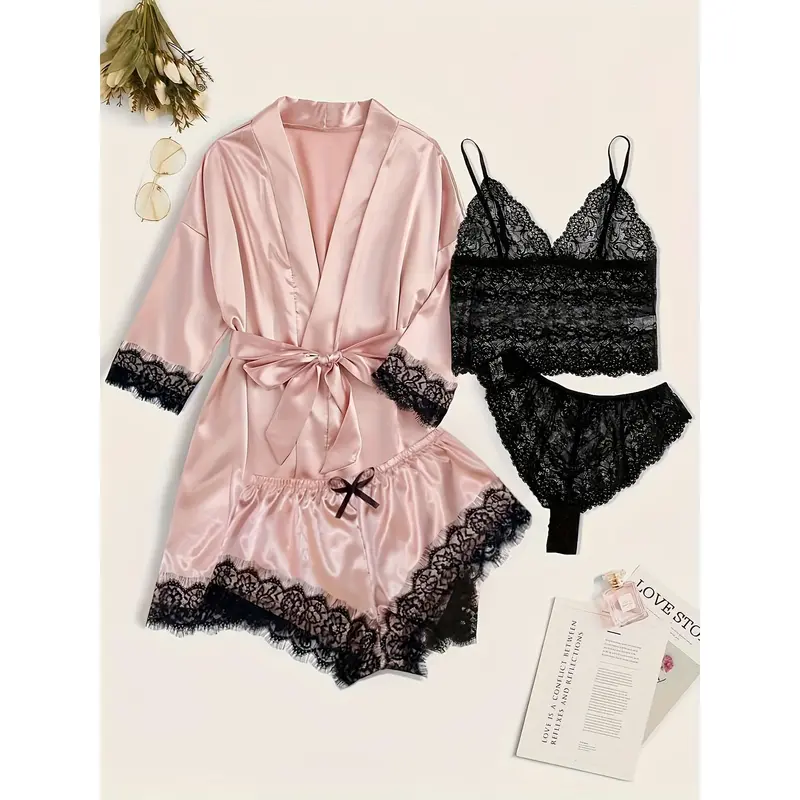 Elegant Satin Breasted Set With Lace Contrast, Three-Quarter Sleeve Gown With Belt And Camisole Bra And Trousers And Elastic Shorts, Home Wear For Women Womenswear Lingerie 0