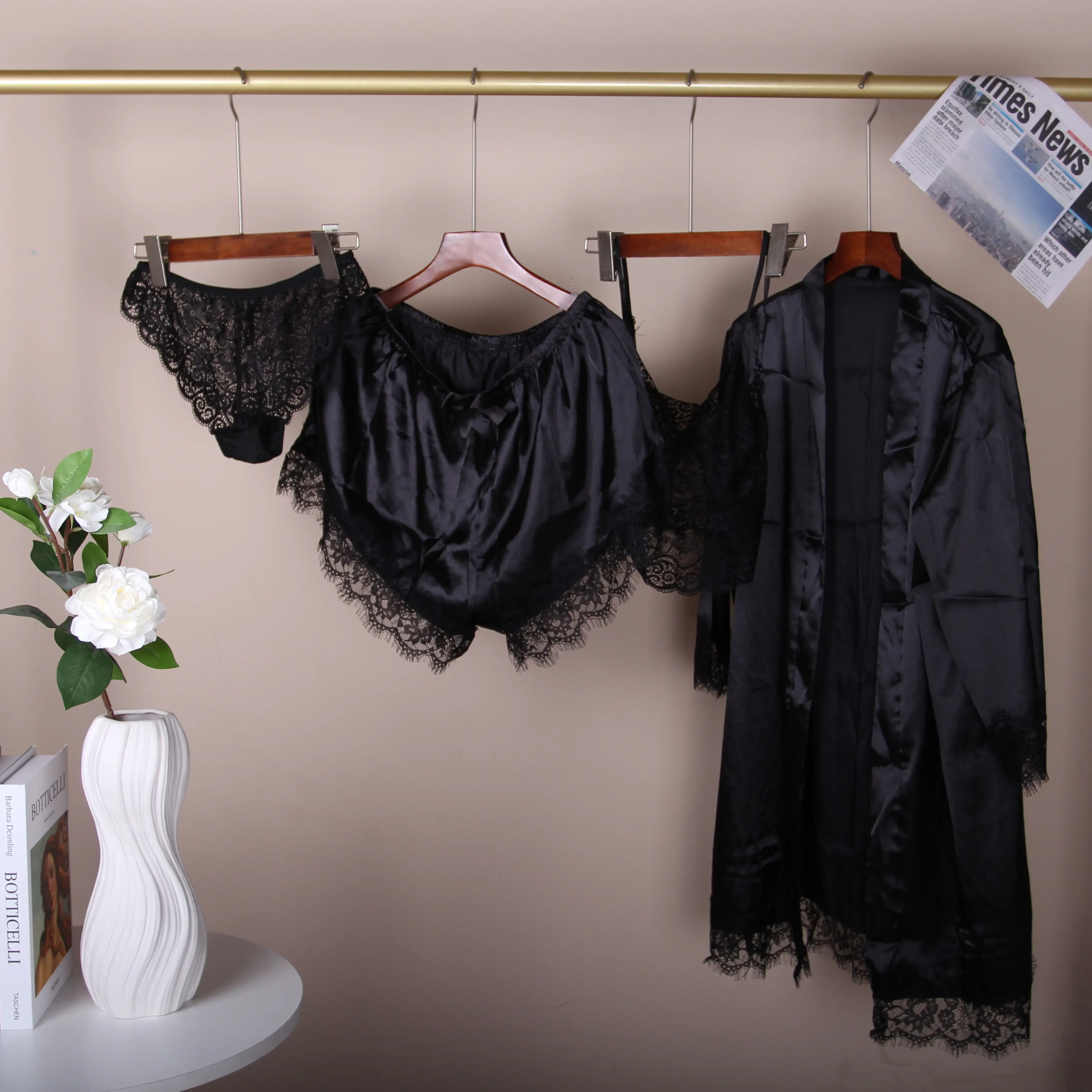 [mistboy] New Women 4-piece lace satin suspender Nightdress Minimalist nightdress Loungewear Pajama Nightwear Underwear Lady Homewear Comfort Pajama Suit
