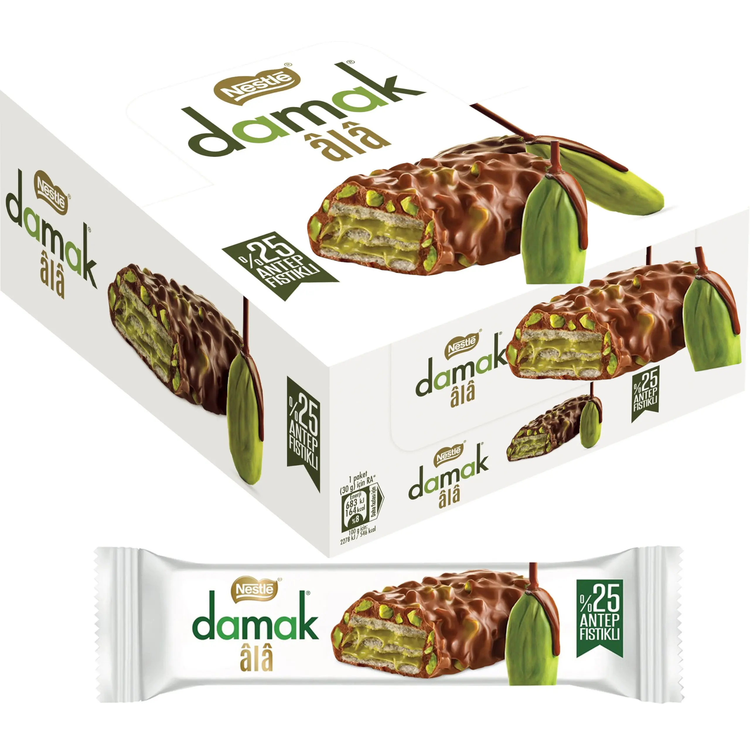 (Pack of 12) Nestle Damak Ala 25% Pistachio Cream, Milk Chocolate Coated Wafer 30g, New Limited Edition Snack