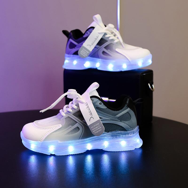 Child Rechargeable PU Leather LED Light Shoes Children's Shoes Boys and Girls Mesh Running Sneakers 1