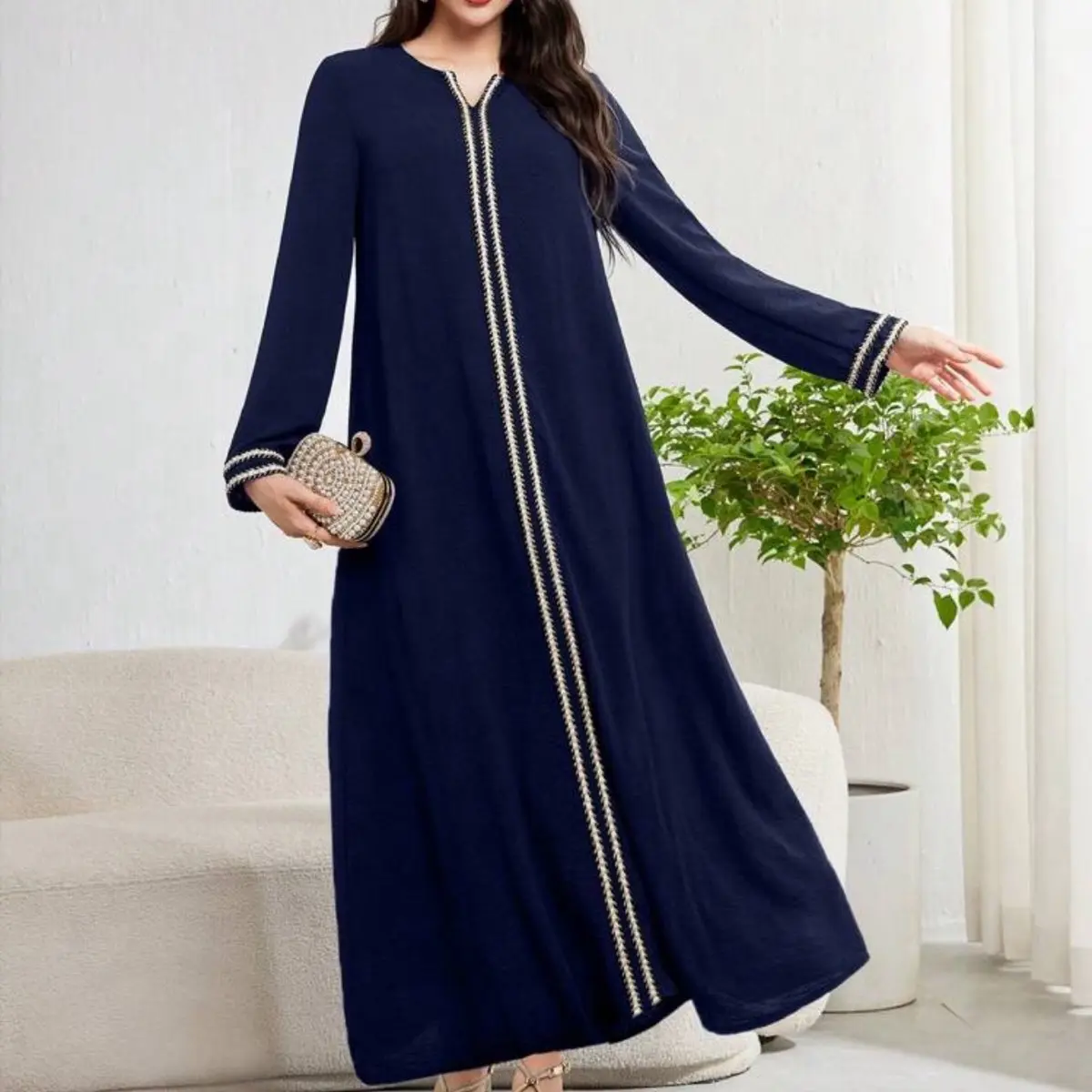 Elegant Navy Blue Closed Abaya with Gold Braided Detailing for Women