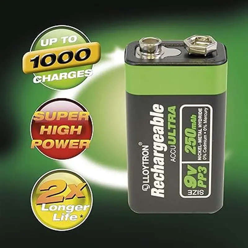 LLOYTRON 9V PP3 250 mAh NiMH RECHARGEABLE Battery 2X LONGER 1000 CHARGES Accessories Batteries Card Electronic Smartphone Plug Phone 2