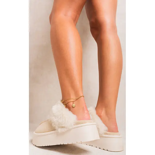 Faux Fur Trim Whisp Chunky Platform Slippers