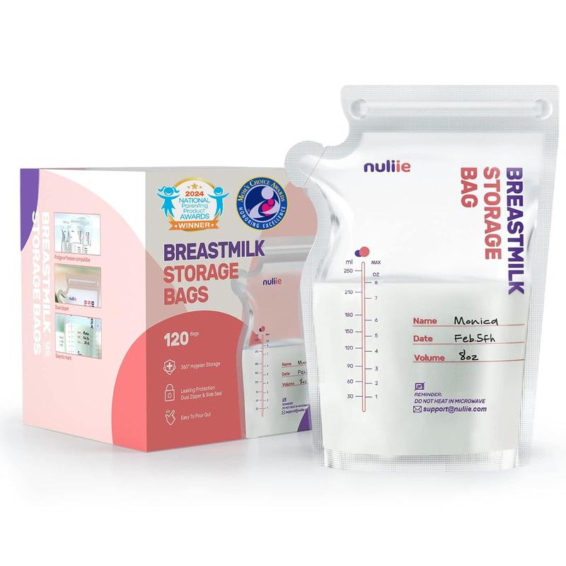 Nuliie 120 Pcs Breast Milk Storage Bags, 250ml BPA Free Milk Storage Bags with Pour Spout for Breastfeeding, SelfStanding or Flat Presterilised Bag, Space Saving for Fridge or Freezer Use 0