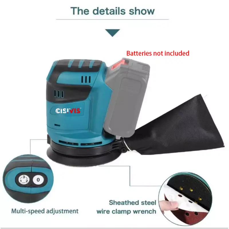 Brushless cordless orbital sander, compatible with Makita 18V batteries, 3 variable speeds (7500-15000 U/min), 12 x 125 mm sanding pads for sanding and polishing wood 8