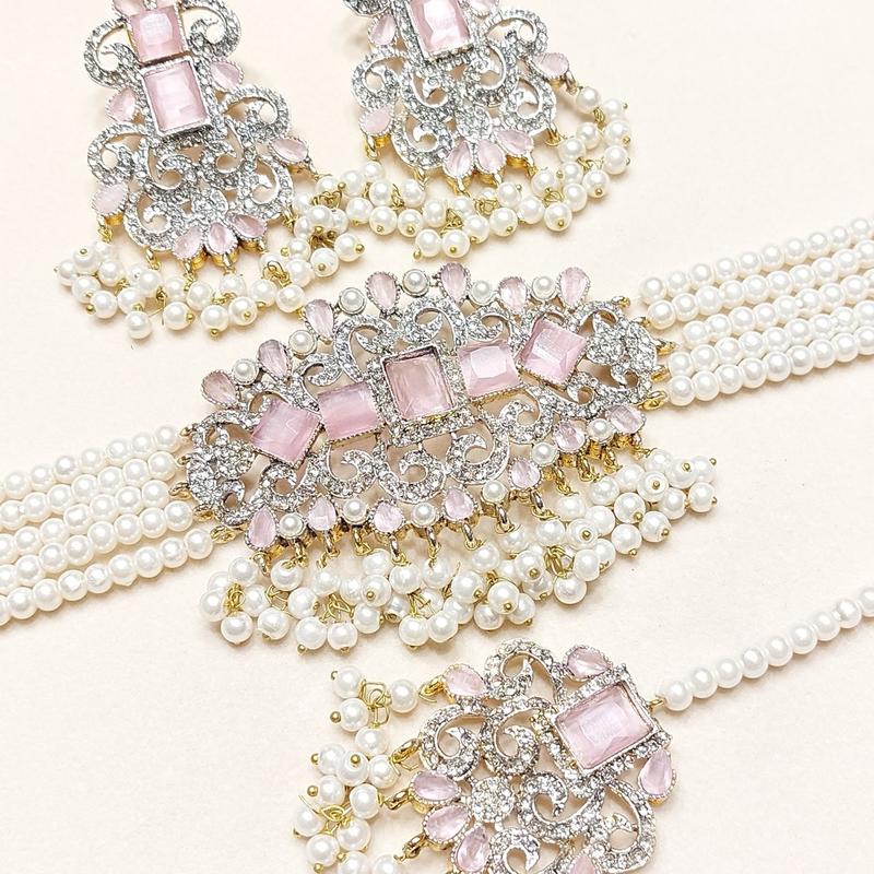Zircon Choker Set with Real Stone MJB 045 - Bridal Set with Earrings,Tikka, and Pearls Bandhai Necklace 8