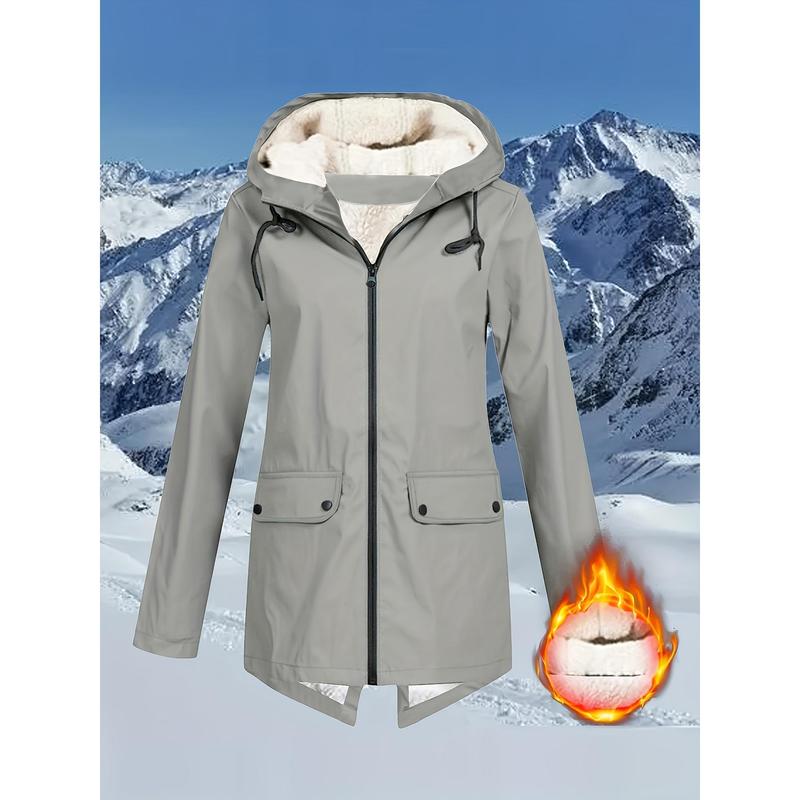 Flap Pockets Zip-up Hoodie Jacket, Casual Long Sleeve Drawstring Windbreaker Jacket For Fall & Winter, Women's Clothing Fabric Womenswear 4