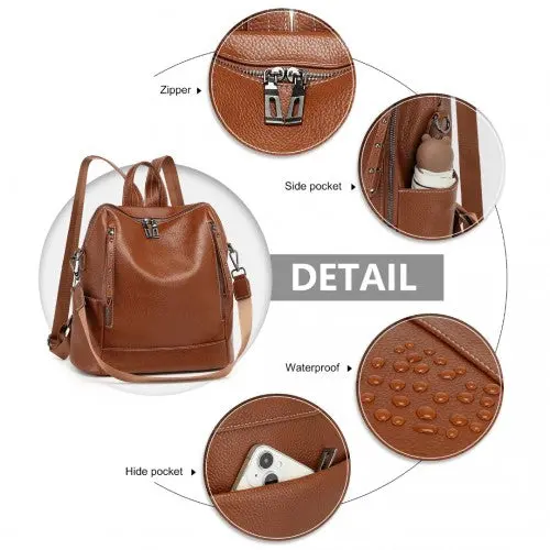 BPM2438 - Miss Lulu Women's Convertible PU Leather Backpack & Shoulder Bag – Versatile 2-in-1 Design - Brown 6