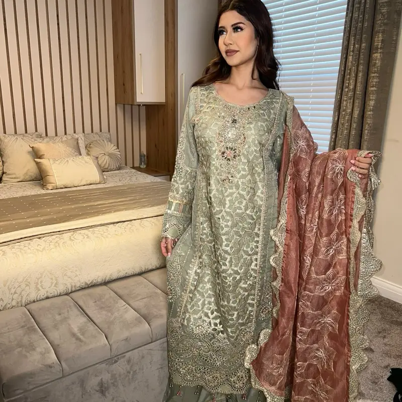 Caira sage green outfit with rust Duppatta 3
