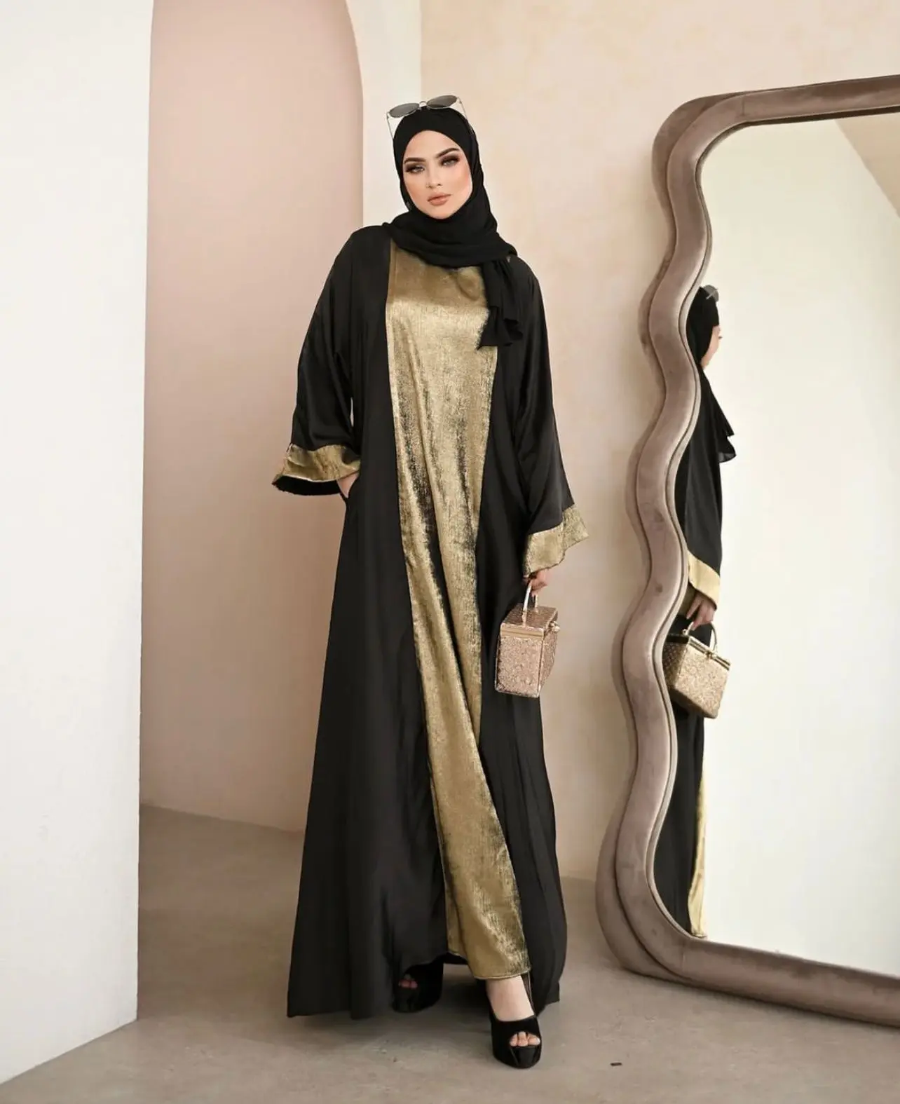 Black A-Line Abaya with Luxurious Gold Texture Panel and Wide Border Sleeves