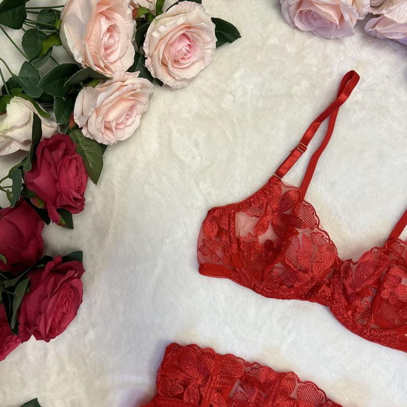 LILIOSA LINGERIE Elegant Snowflake Red Sexy High Quality Floral Embroidery Mesh Sheer 3 Piece Lingerie Set  - (Bra - clasp + Garter - clasp + Pants - adjustable) Soft Lace Floral Bra, Soft Breathable Fabric, Comfortable Summer Womenswear Underwear Outfits 1