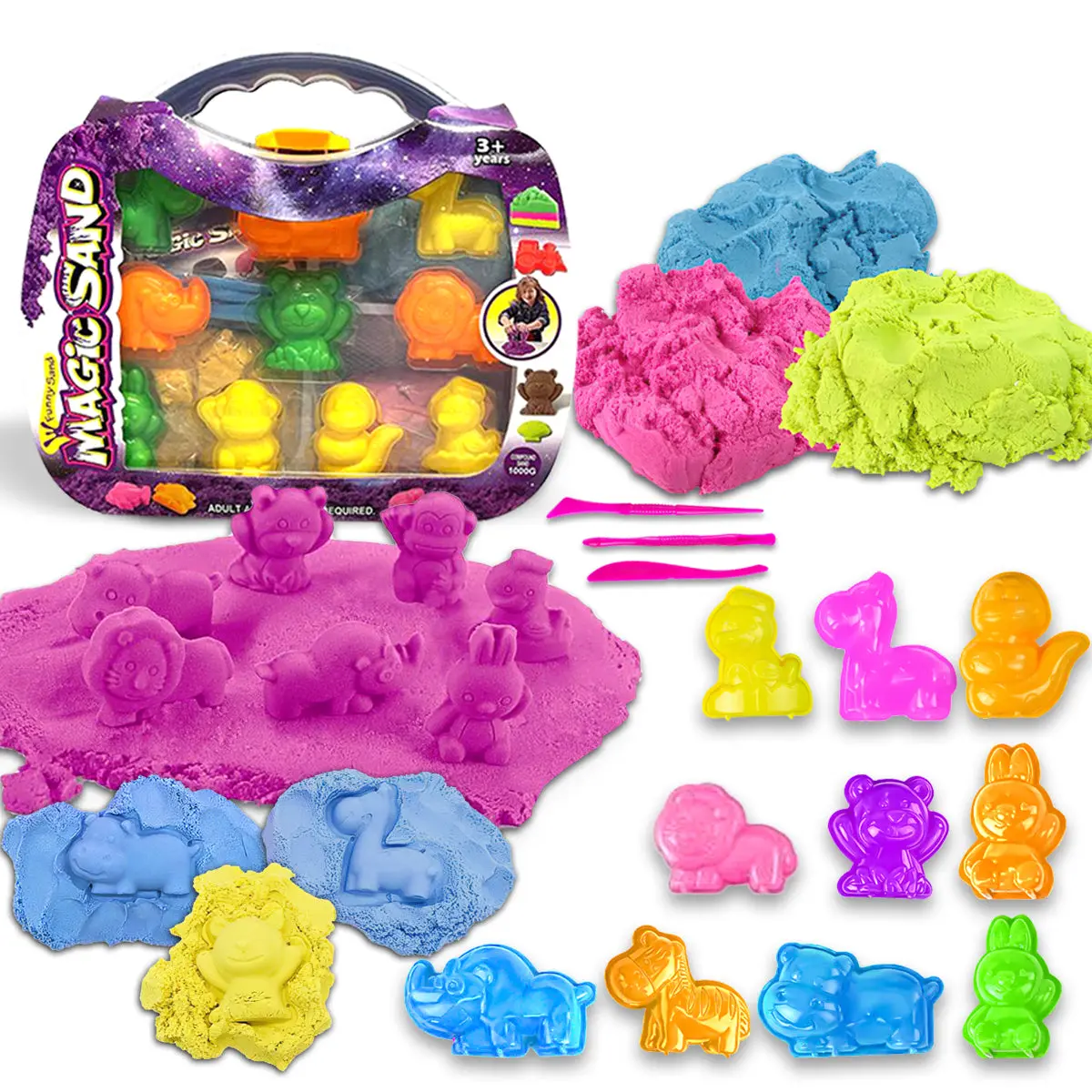 Koolbitz 1KG Motion Play Sand, Combo Pack of 3 Color with Accessories, Improve Skills of Kids, Made, Suitable for Age 3 and up, Non-Toxic Colourful Building Sand Toy for Kids