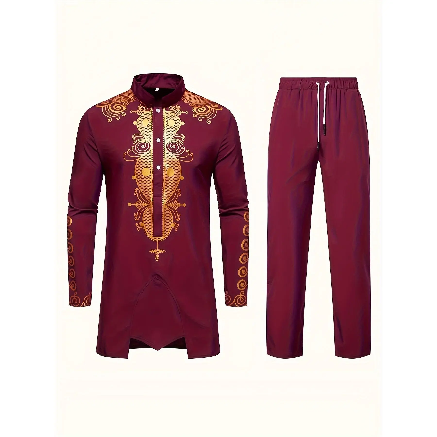 holiday outfits 2025 Men's Outfit, Embroidery Print Stand Collar Long Sleeve Button Up Robe & Drawstring Trousers 2-piece Set For Cultural Activities In Middle Eastern Clothes Menswear Suits Gamis