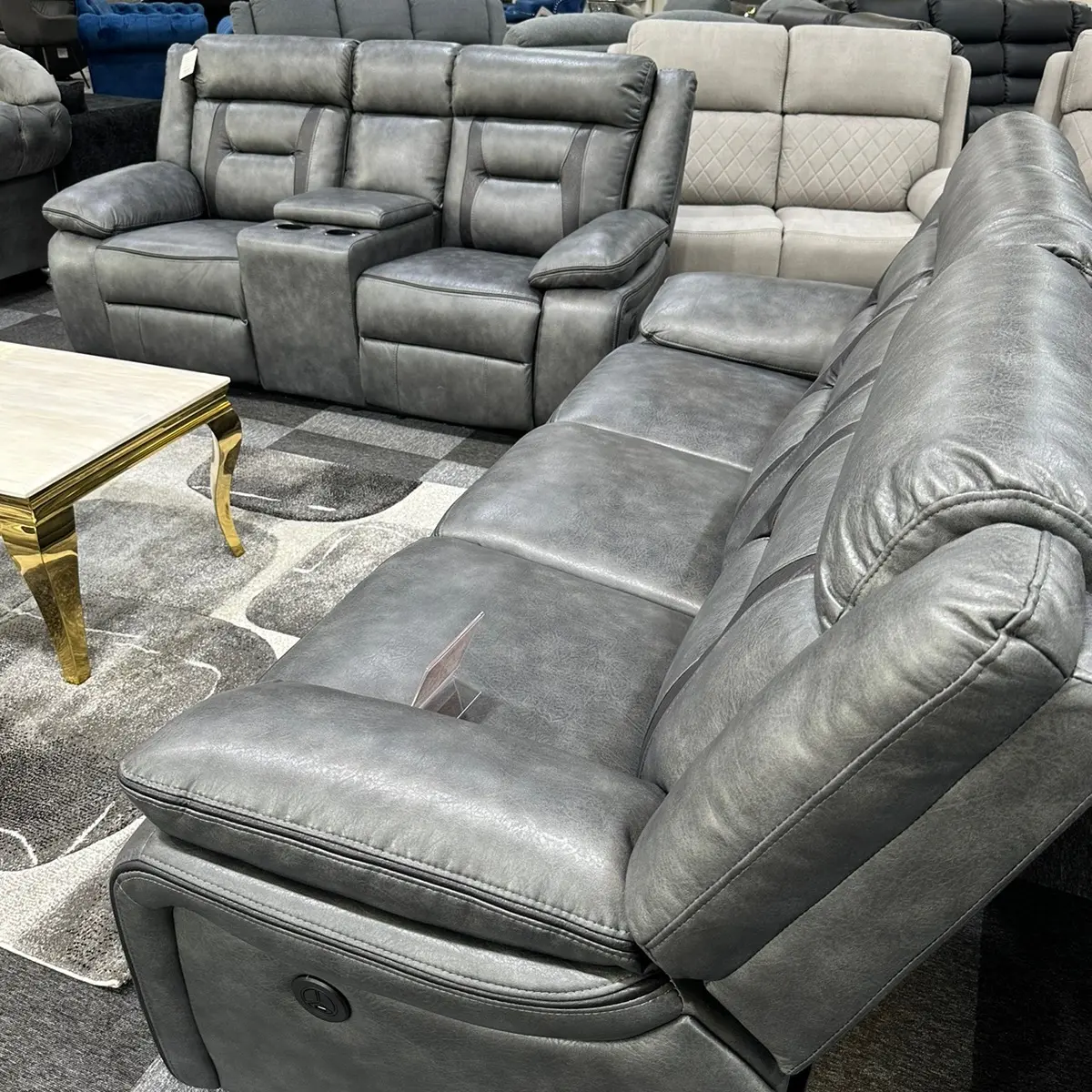 New Leather Electric Recliner 3 + 2 Seater Sofa Grey with USB Port & Cupholders