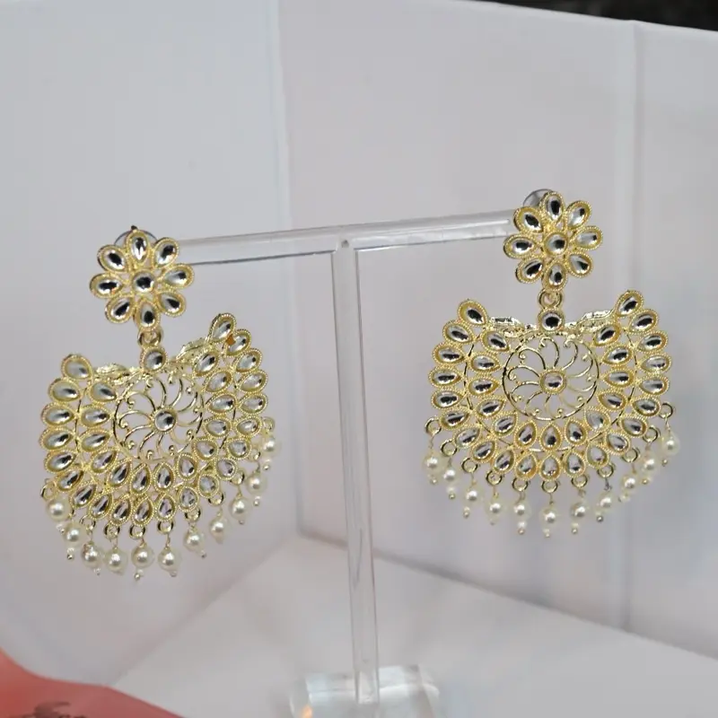 White Indian Earrings with Gold Kundan Pearl Chaandbali and Jhumka Design 1