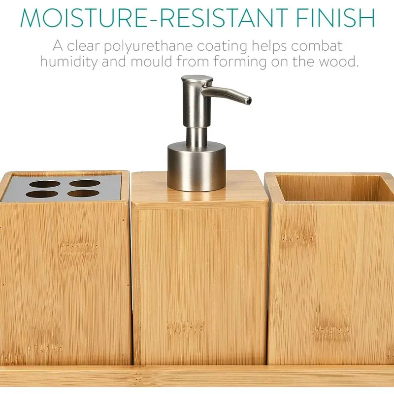 Bamboo Bathroom Accessories Set - 4-Piece Bath Set with Toothbrush Holder, Soap Dispenser, Storage Container, Organiser Tray - Natural Wood 4