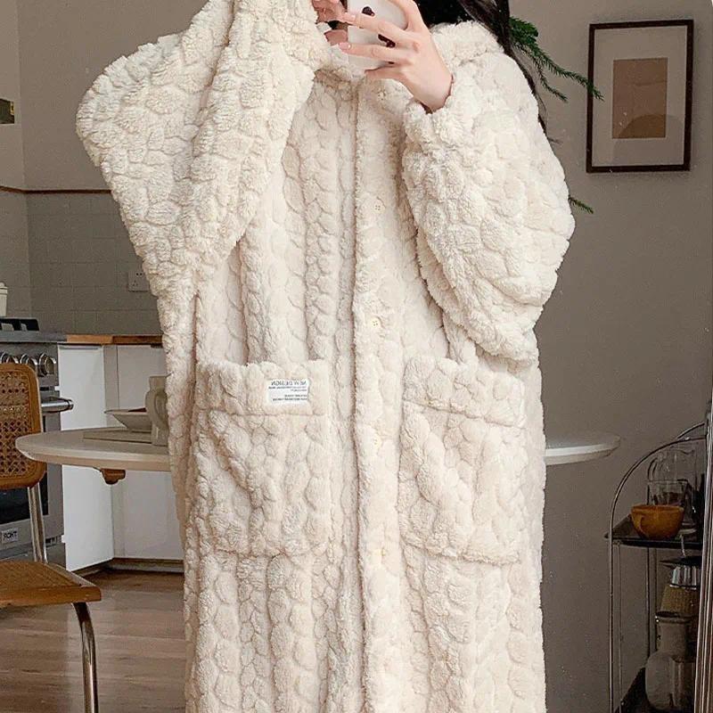 Pocket Robe for Women Sleepwear Winter Nightdress Night Wears Warm Fleece Pajama One Piece Nightgown Hooded Sleeping Homewear 5