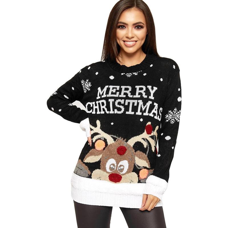 Womens Merry Christmas Print Long Sleeve Reindeer Pom Pom Jumper Sweatshirt Girls Xmas Party Wear Knitted Warm Pullover Novelty Sweater Top Knitwear 0