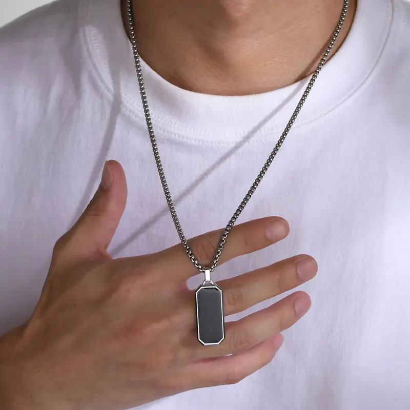 1pc Elegant Men's Stainless Steel Necklace with Sleek Black Enamel Geometric Pendant - Durable 201 Stainless Steel, Ideal Personal Gift for Him 3