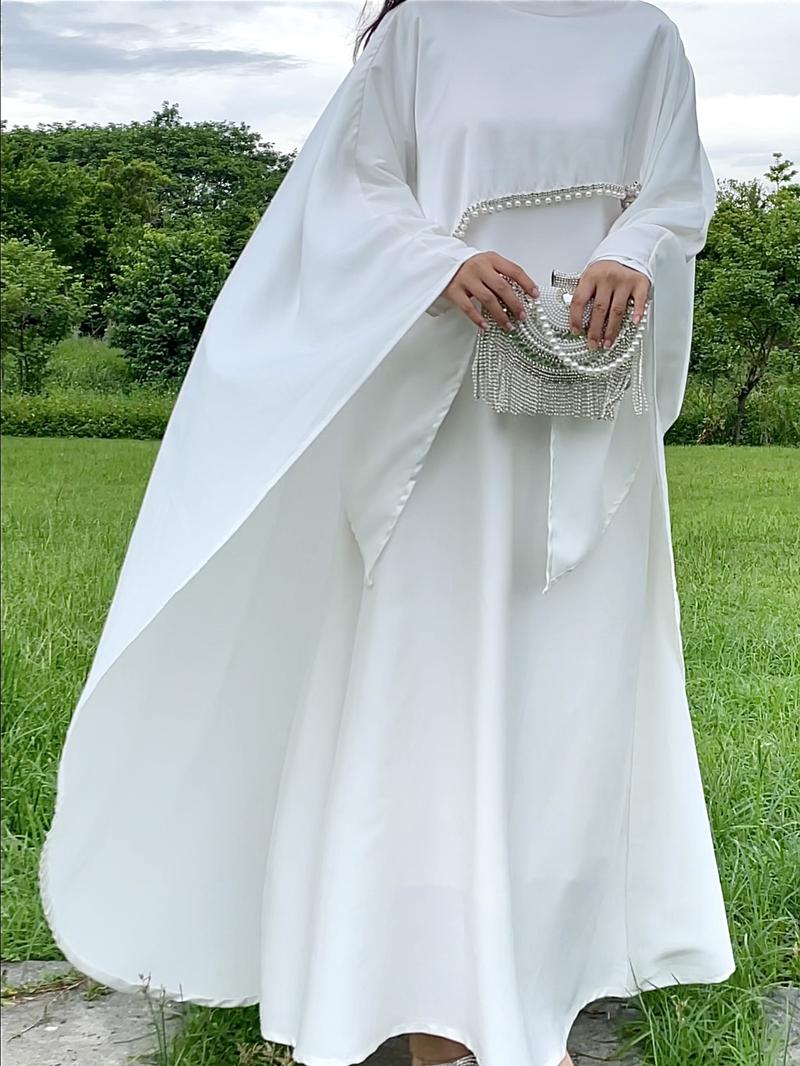 Product Introduction of 2025 Ramadan Promotion Two- piece Satin cape elegant dress , occasion abaya , Modest dress with pearl and crystal 33