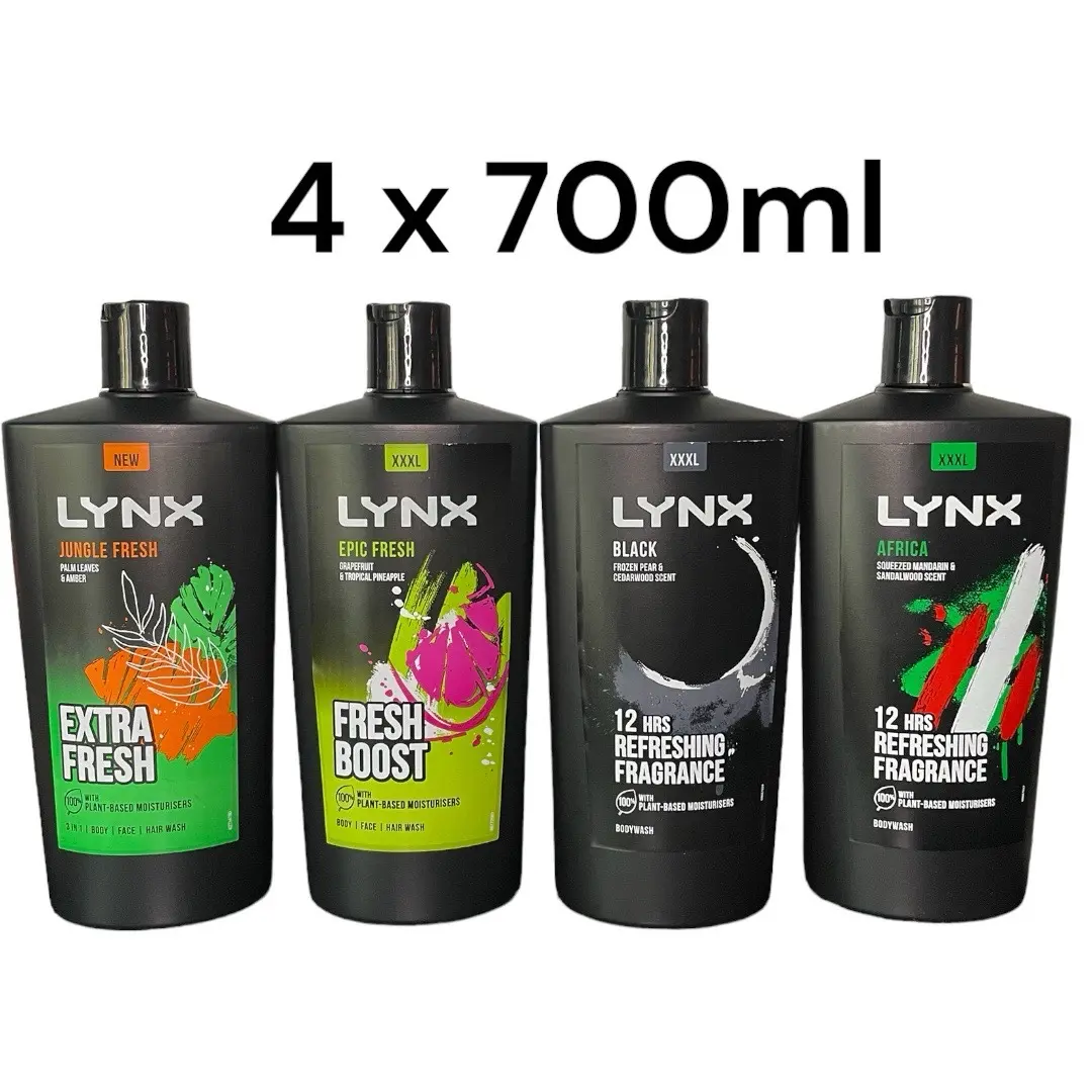 4 x Lynx XXL Men Shower Gel Bundle Epic Fresh/ Africa /Black / Fresh - 1 Of Each