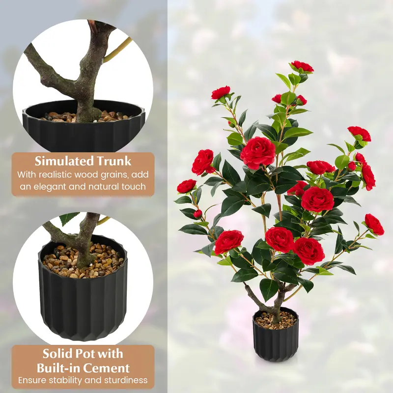 COSTWAY 1/2 Pieces 95cm Artificial Camellia Tree with Flowers and Rain-Flower Pebbles 7