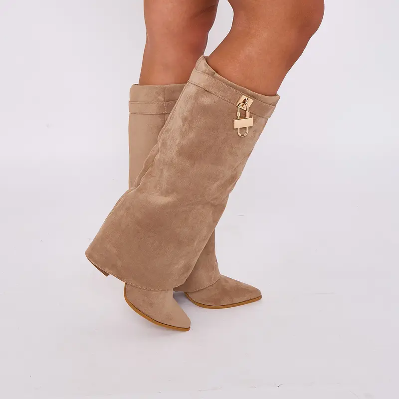 Women Suede Calf Boot Long Stretch Elastic Gusset Strap Warm Winter Boots Shoes Girl Footwear 1