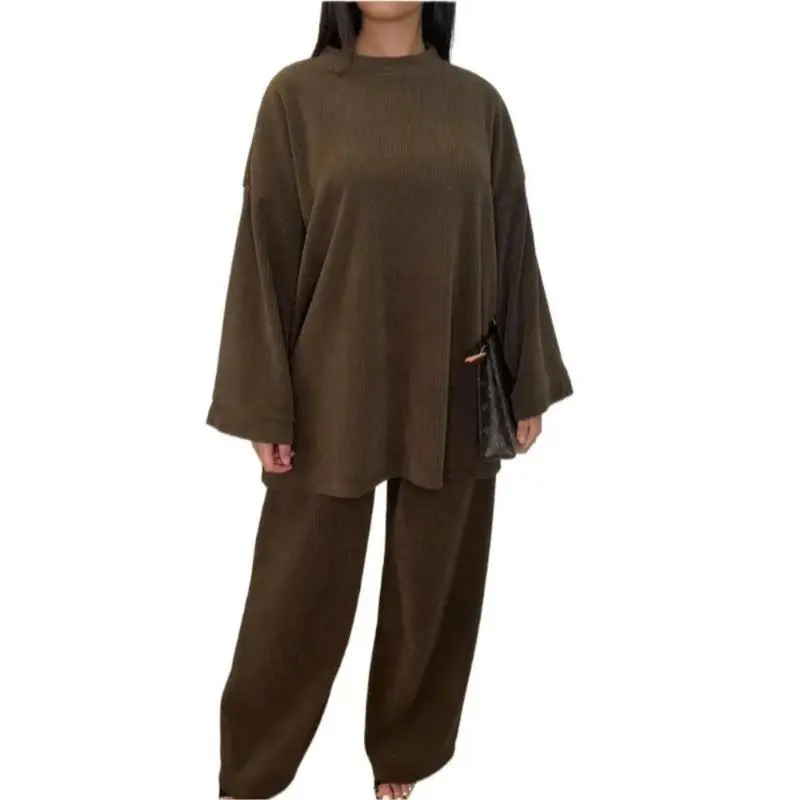 Autumn Winter Solid Color Corduroy Pants Sets Women Loose Long Sleeve Wide Legs Trousers Two Piece Set Female Commuting Clothing Womenswear Overalls Suits Underwear Gamis Comfort 4