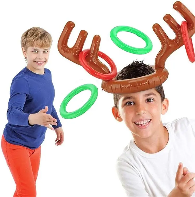 Inflatable Reindeer Antler Hat with Rings - VEYLIN Christmas Party Toss Game for Kids, Adults, and Family - Balloons Set Masks
