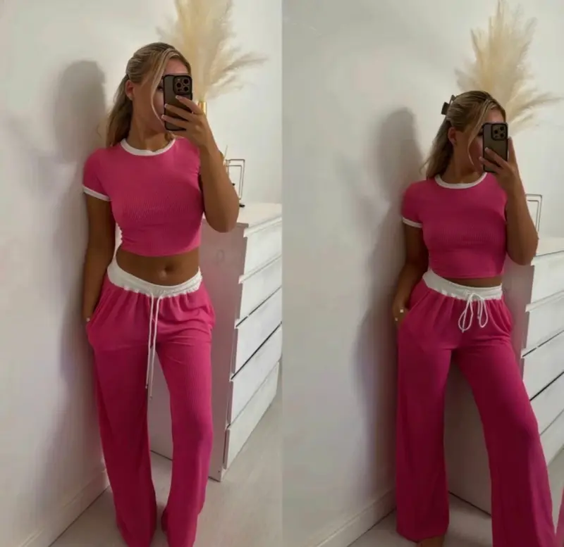Women's Ladies Rib Contrast Trim Crop Top Plisse Wide Leg Trouser Lounge Wear Set 3