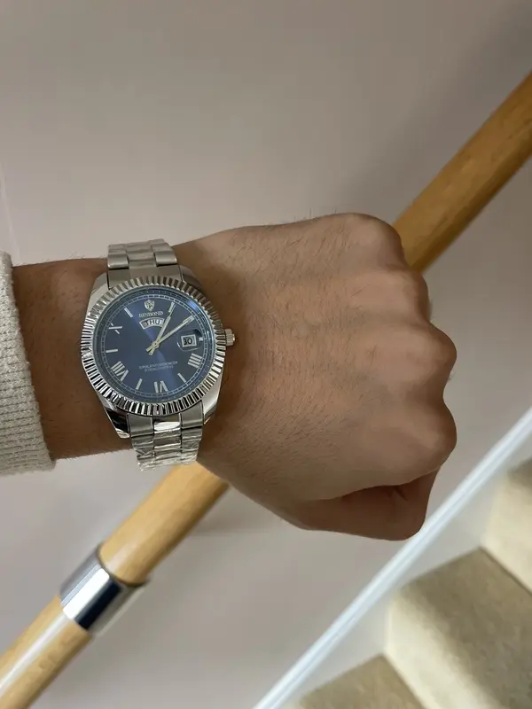 Men's watch in Silver Day Date Quartz Watch with blue Dial and Waterproof 3ATM luxury watches 0