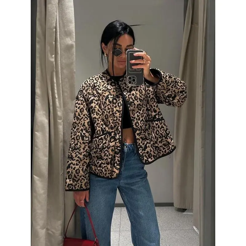2024 Women's Winter Trendy Cotton Coat Leopard Print Decorated Single Breasted Women's Casual Pocket Jacket Streetwear