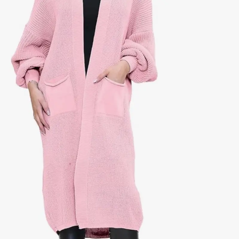 Long Ladies Balloon Sleeve Cardigan Oversized Pocket Chunky Weave Knitted Ribbed Jumper Comfort Knitwear 6