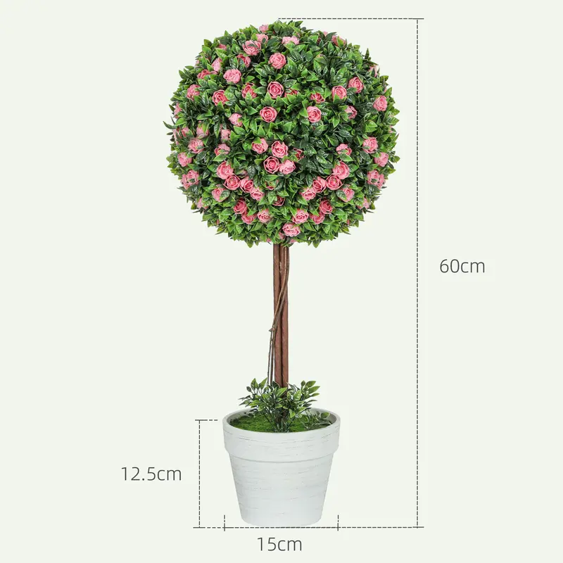 HOMCOM Set of 2 Decorative Artificial Plants, Ball Topiary Tree with Rose Flower in Pot, Fake Plants for Home Indoor Outdoor Decor, 60cm 2