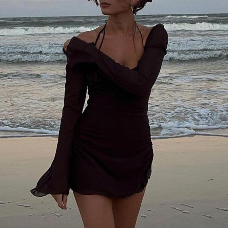 Product Introduction of 2025 NEW NEW Mesh Halter Dress  Flare Sleeve Side Drawstring Ruched Mini Dress Elegant Lady 2025[hot sale] HOT 5