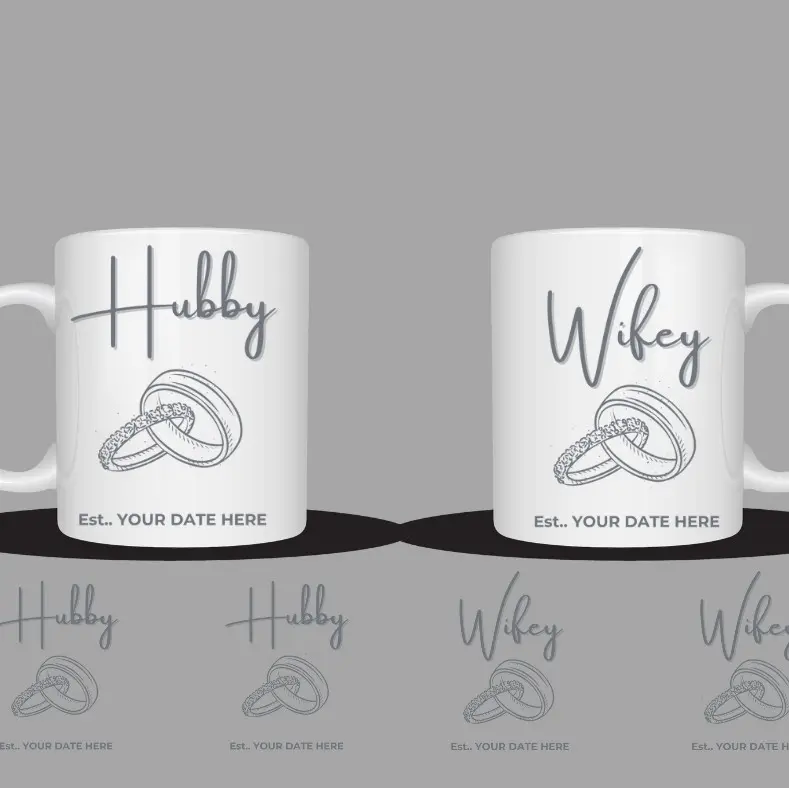 CUSTOMISED HUBBY  AND WIFEY MATCHING MUGS PERFECT FOR ANNIVERSARY OR WEDDING GIFT, personalised with name or date, various designs available 6
