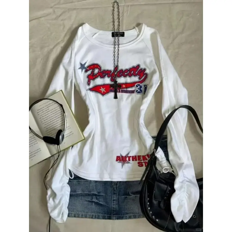 Vintage Y2k Women T-shirts White Grunge Graphic Long Sleeve T-shirts Harajuku 2000s Aesthetic Streetwear American Retro
