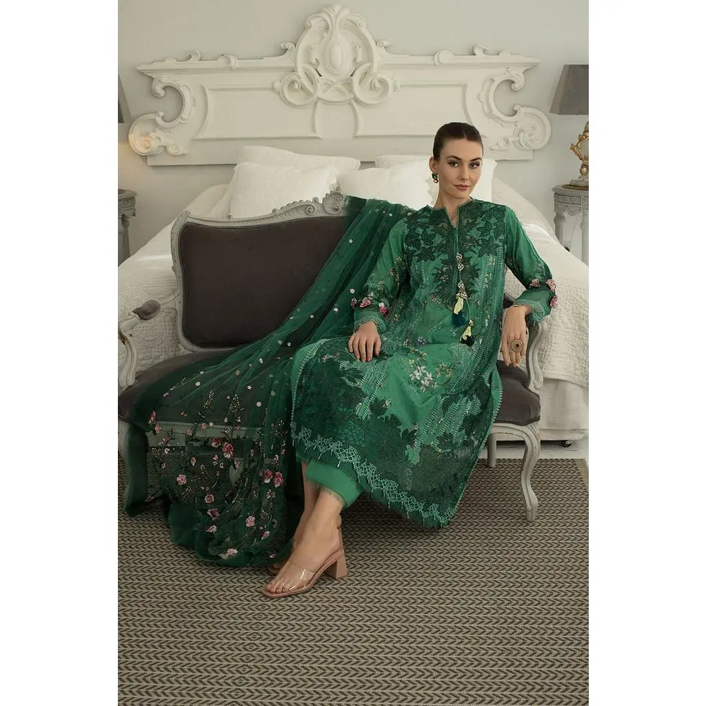 Sobia Nazir Design 15B – Luxury Lawn 2024: Floral Lace & Embroidery Dress with Raw Silk & Organza Lehenga