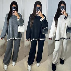 Womens Knitted Lounge Wear Ladies Wide Leg Palazzo Top Trousers Tracksuit Set Womenswear Overalls Underwear Lady Basic Comfort Longsleeves Minimalist